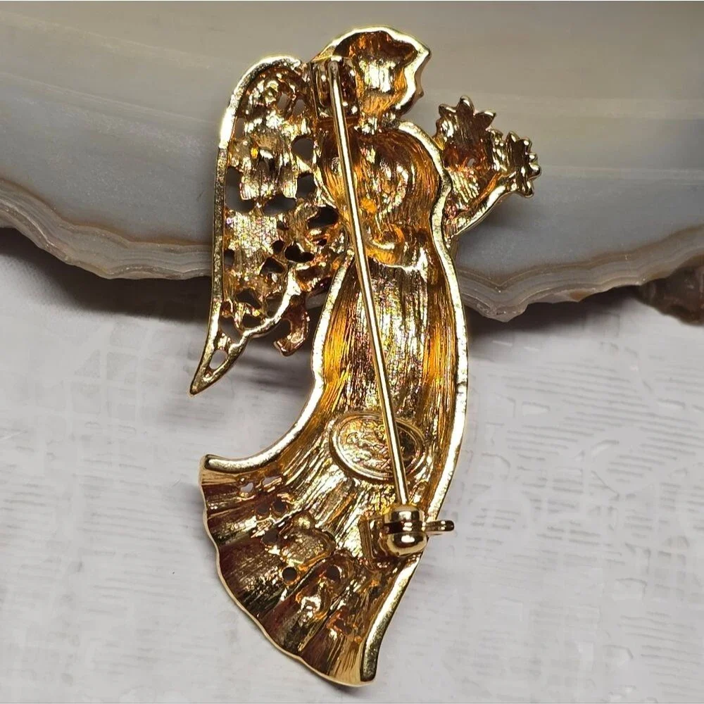 Christopher Radko Christmas Angel Brooch Gold Tone Red Enamel Signed Rare VTG - Picture 7 of 9